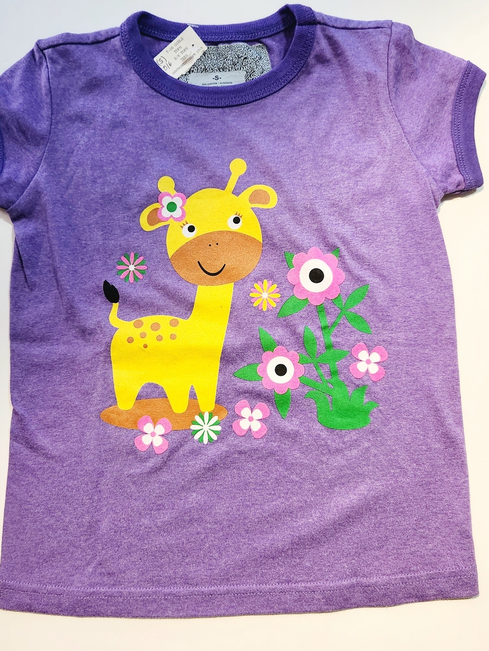 💜Girl's Purple Tee with Yellow Giraffe & Floral Print Size: (S) 5/6